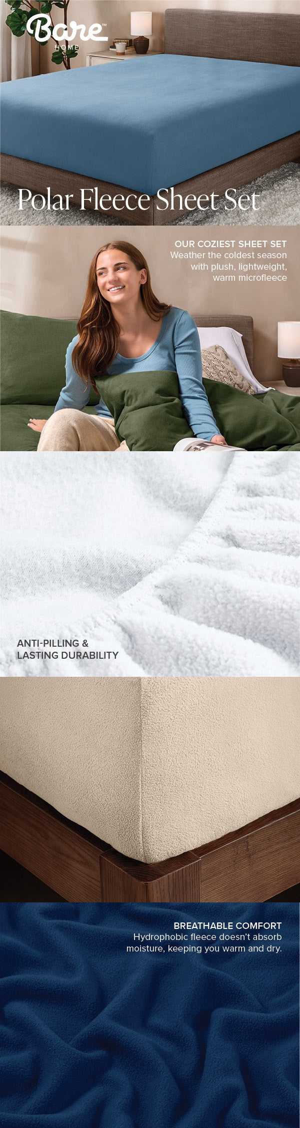 Polar Fleece Sheet Set advertisement with a woman sitting on a bed and close-up shots of the sheets.