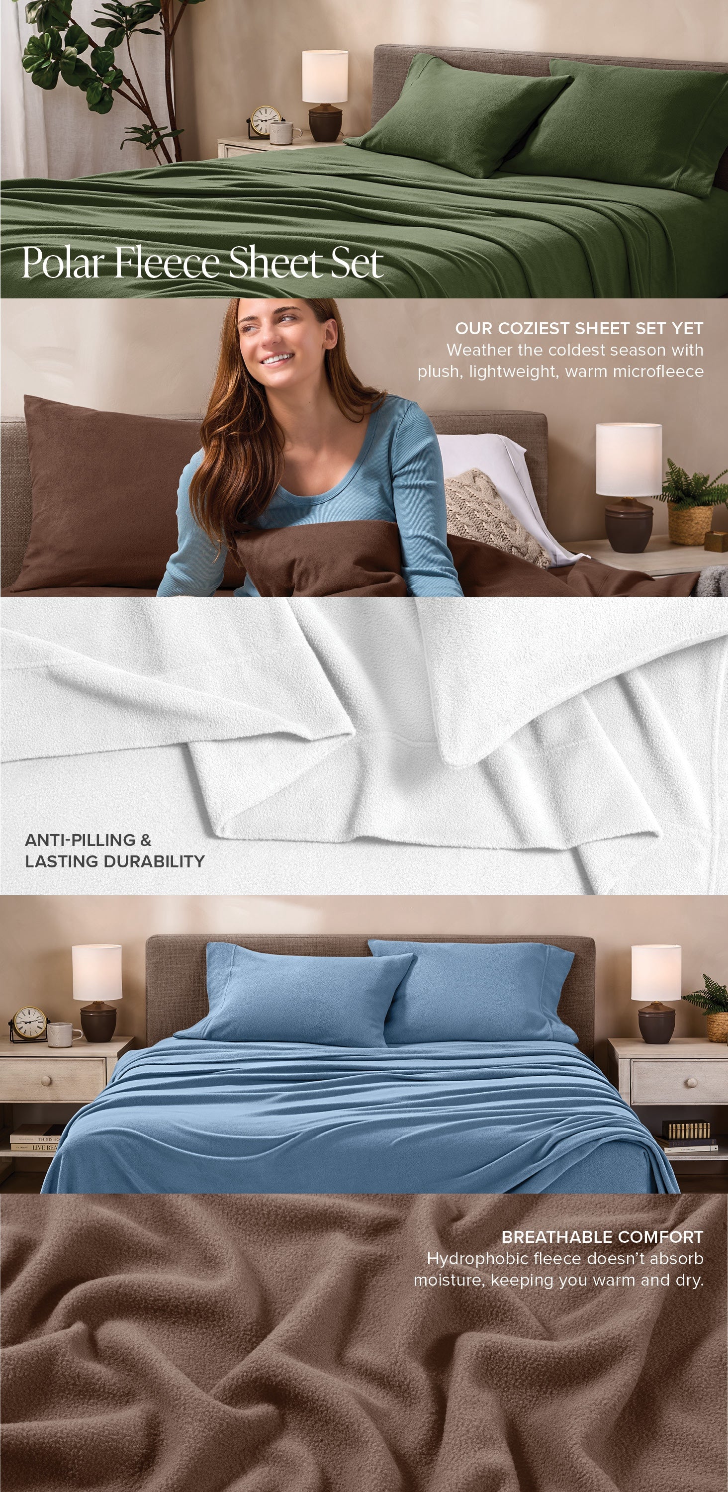 Polar fleece sheet set with different color options on a bed, featuring text about features.