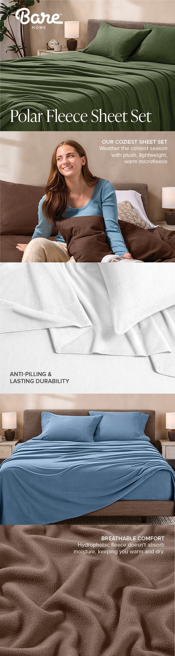 Bare Polar Fleece Sheet Set with images of a woman, bed sheets, and close-up of fabric texture.