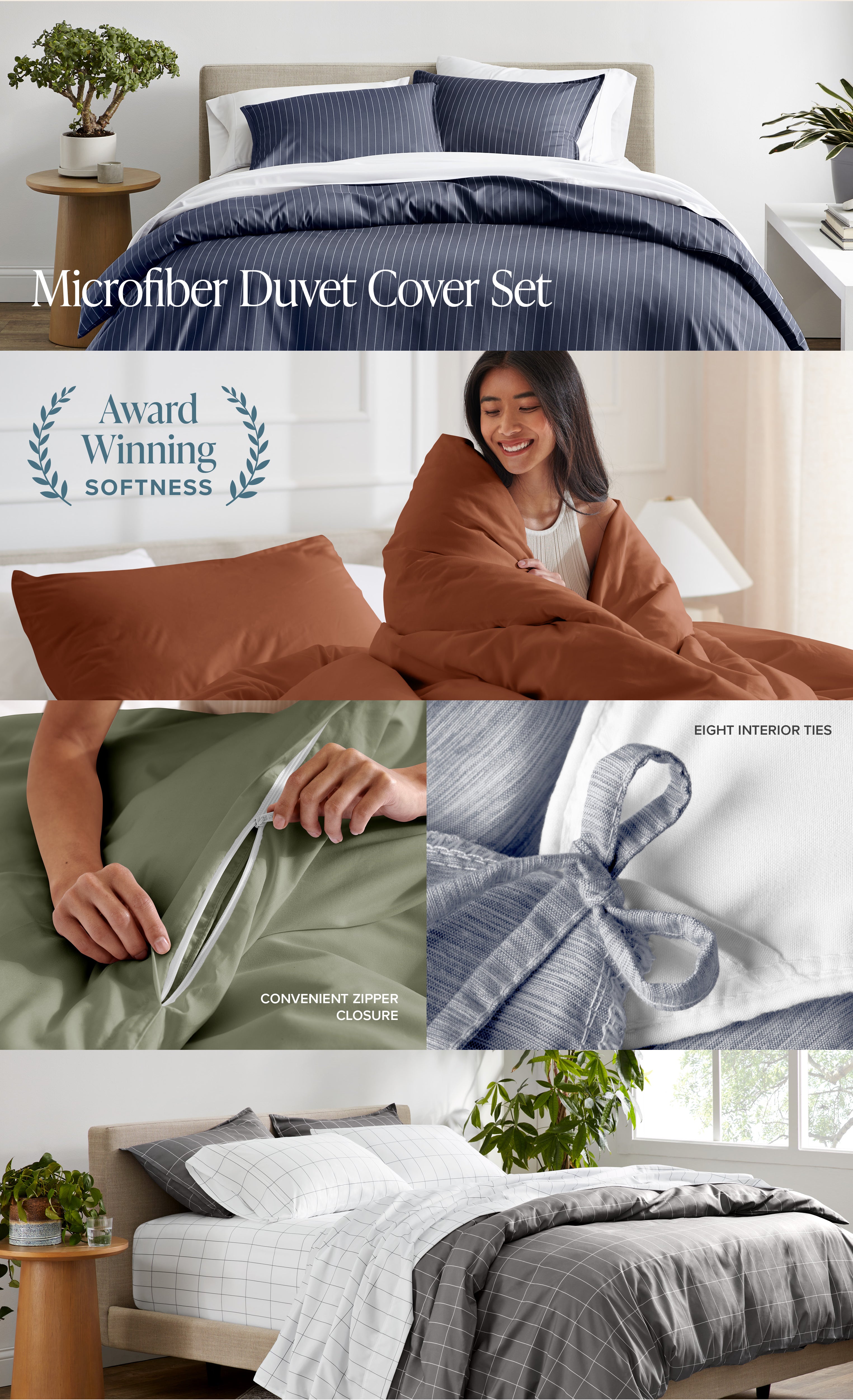 Microfiber duvet cover set with images of a woman, zipper, and close-up of fabric texture.