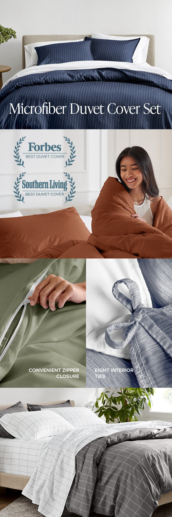 Collage of images showcasing a microfiber duvet cover set with text and branding.