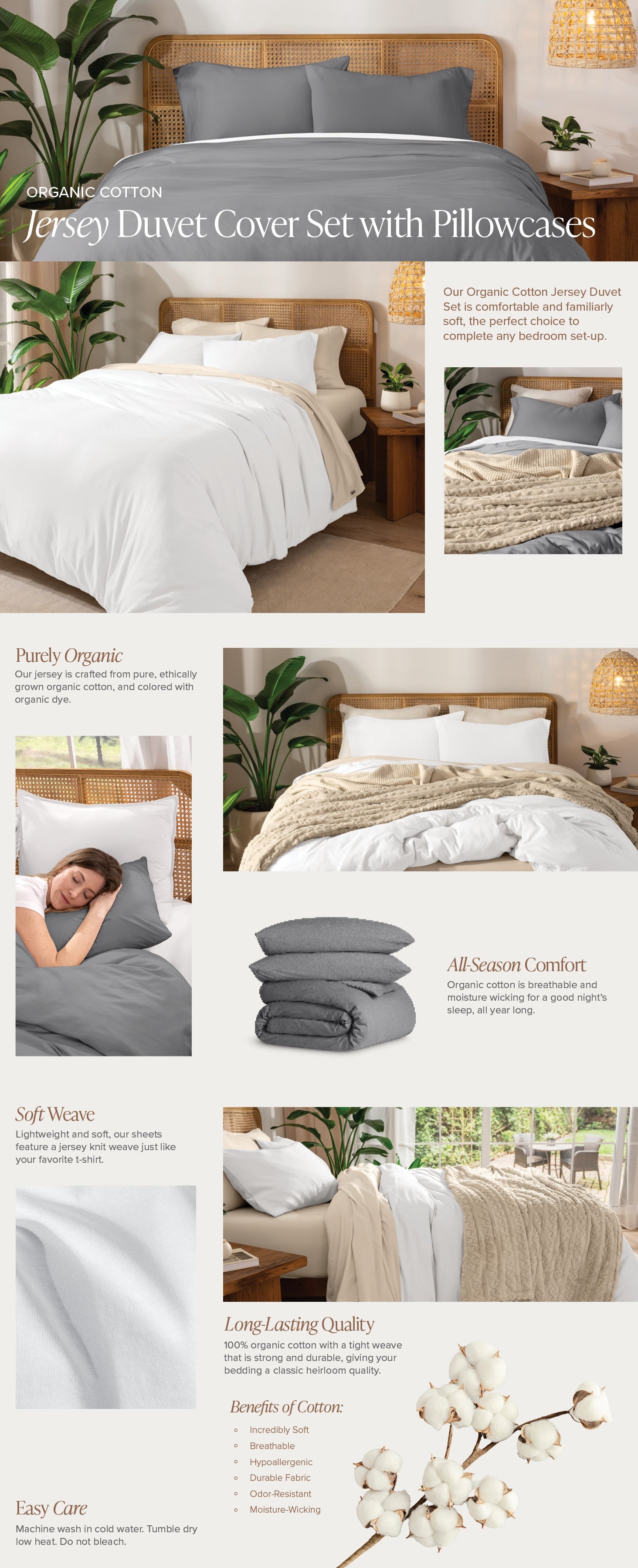 Jersey Duvet Cover Set with Pillowcases featuring images of a bedroom setup and product details.