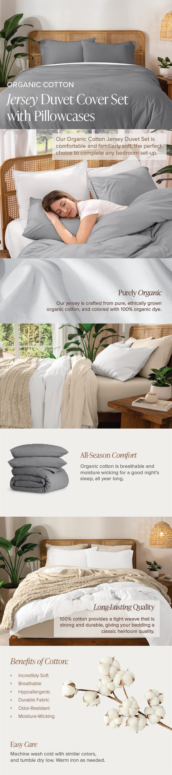 Jersey Duvet Cover Set with Pillowcases on a bed, featuring a woman sleeping.