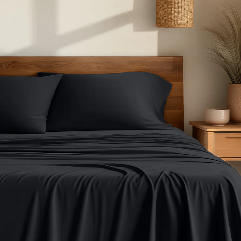 Neatly made bed with black bed sheets in a minimalist bedroom