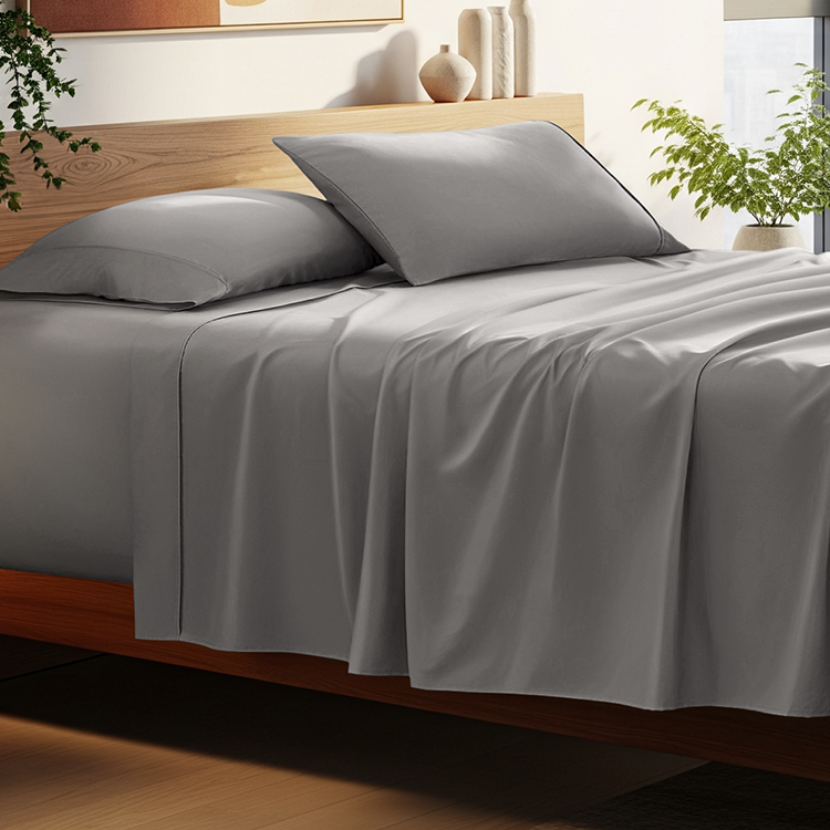Bed styled with gray Ultra Soft 24 Inch Pocket Fitted Sheet