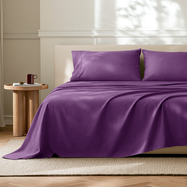 Bed styled with purple Ultra Soft Darks and Bolds Soft Sheet Set