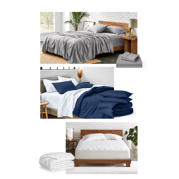 Montage of bedding showing sheets, duvets and mattress pad