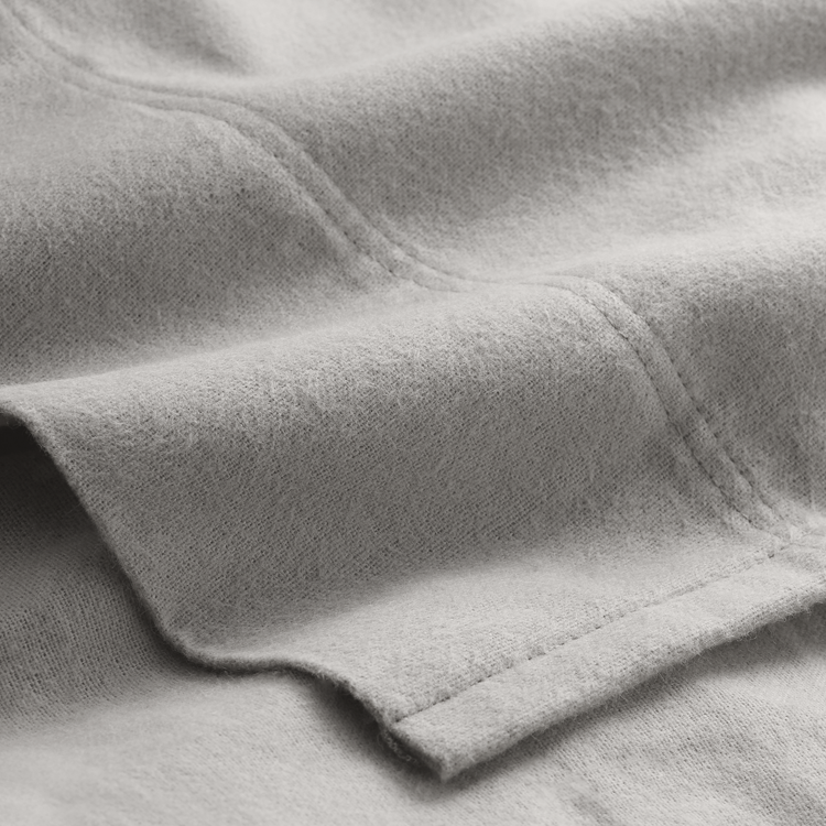 Close-up of gray fleece fabric with a focus on texture and folds.