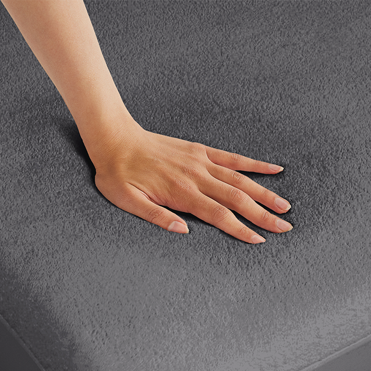 Hand touching gray Cotton Terry Mattress Protector fabric texture