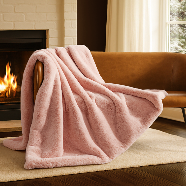 Close-up of pink faux fur blanket texture