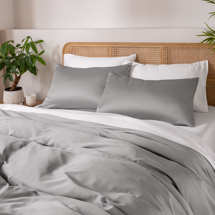 Bed with a gray bamboo duvet cover set