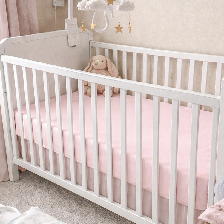 Crib with a pink fitted sheet
