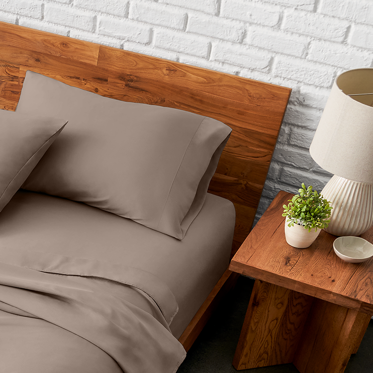Bed with taupe Ultra Soft Envelope Pillowcase Sheet Set