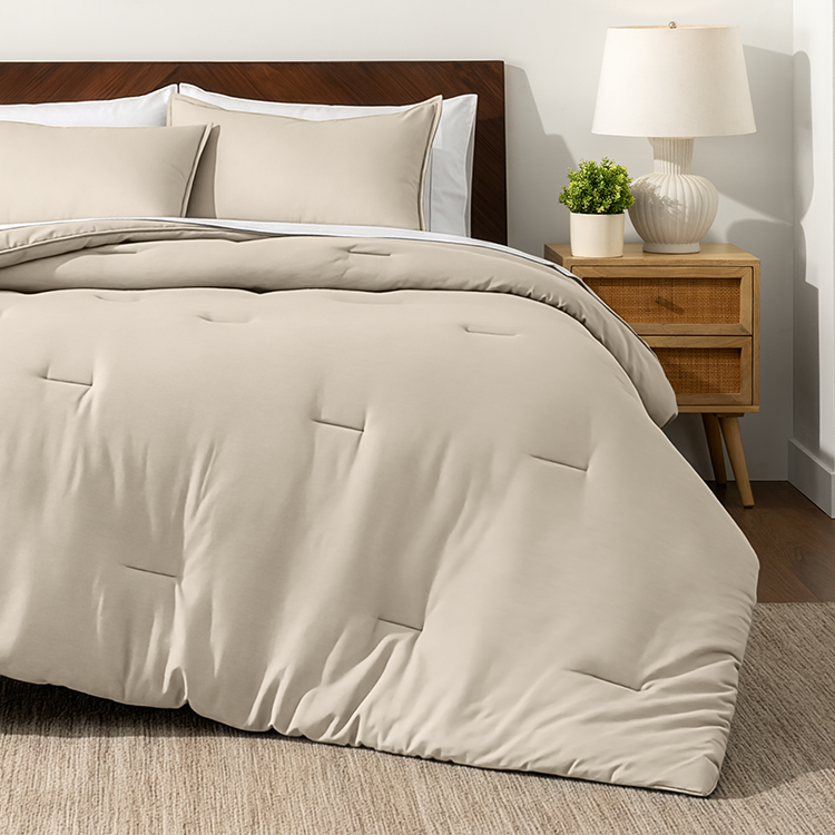 Bed styled with tan Ultra Soft Track Stitch Bed In A Bag