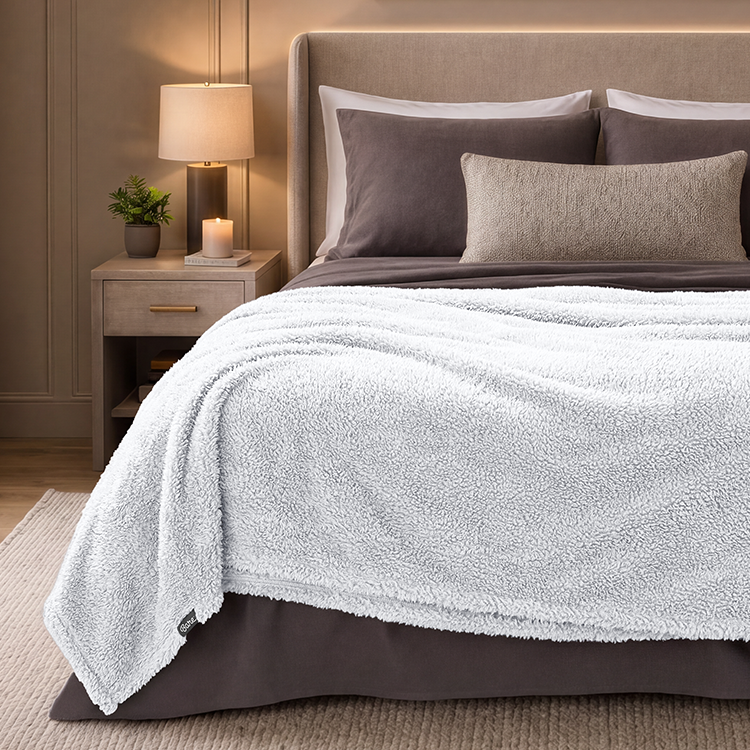 Bed with a gray faux shearling blanket