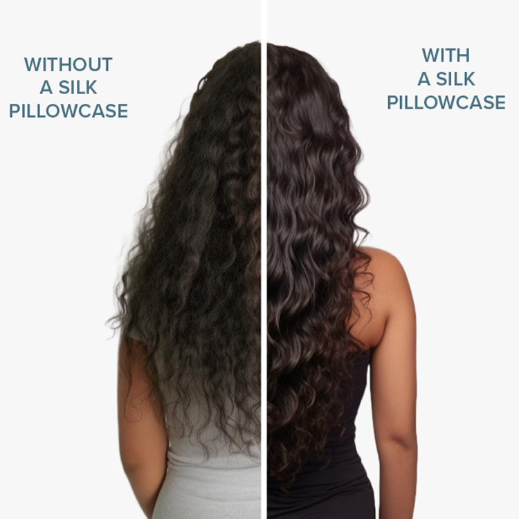 Split image of a black satin pillowcase set with brand text