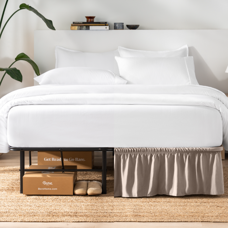 Bed with a tan wrap-around bed skirt