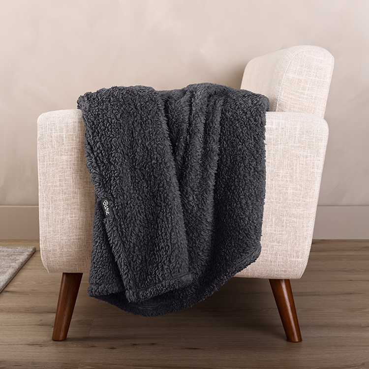 Close-up of cream faux shearling blanket texture