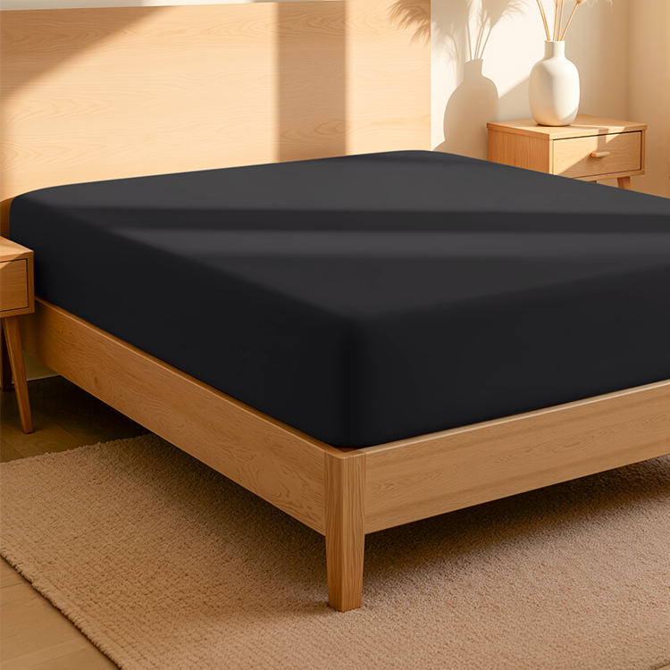 Closeup of black Organic Cotton Percale Fitted Sheet fabric