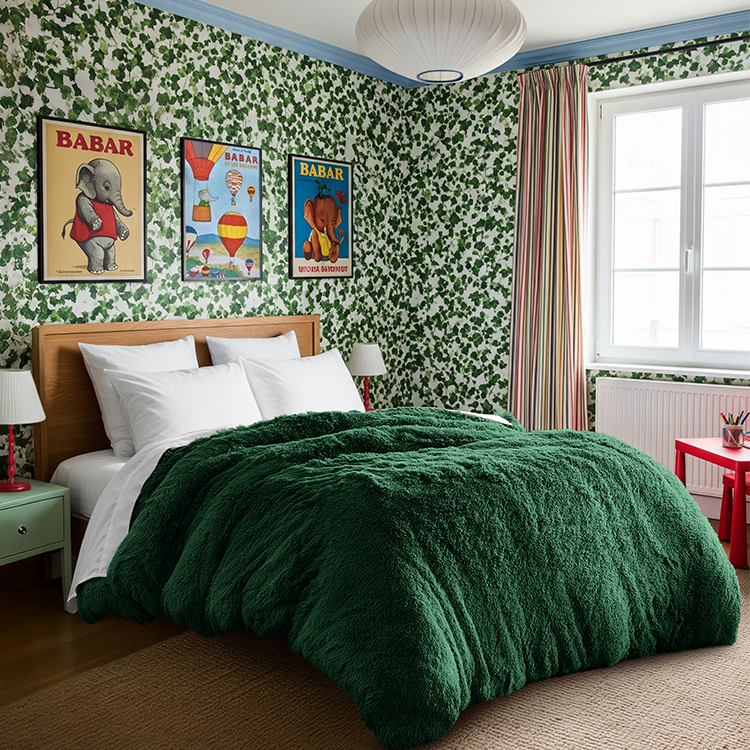 Bedroom styled with dark green Shaggy Duvet Cover