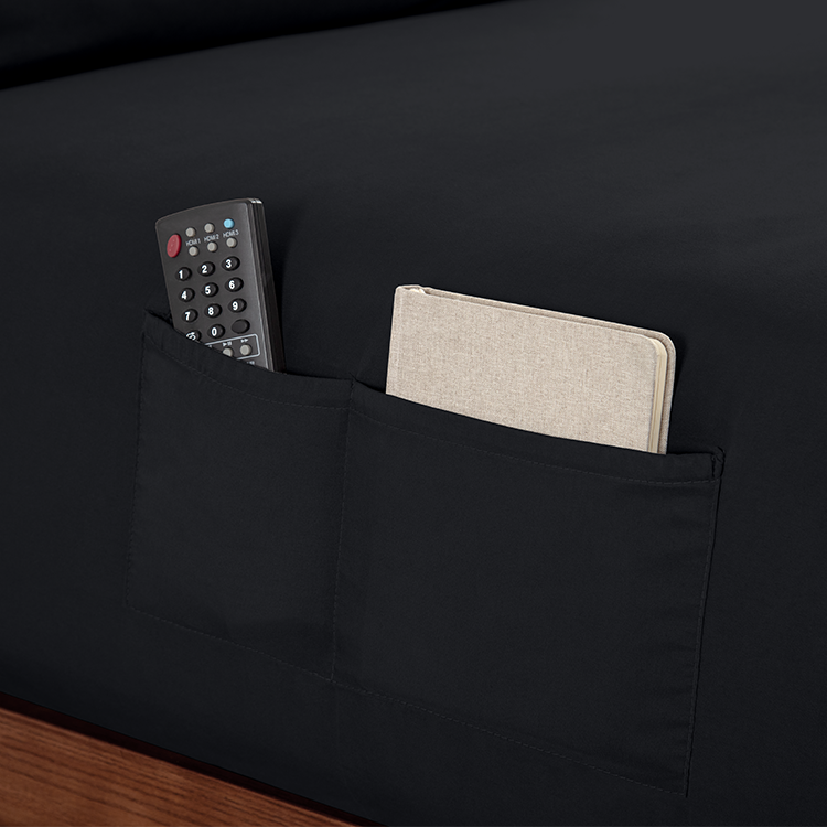 Closeup of black Ultra Soft Dual Side Pocket Fitted Sheet showing side pocket label detail