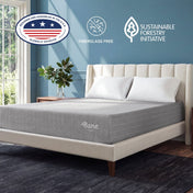 A gray Bare Mattress on a cream upholstered bed frame in a styled bedroom setting with a blue wall, wooden headboard, and decorative pillows.