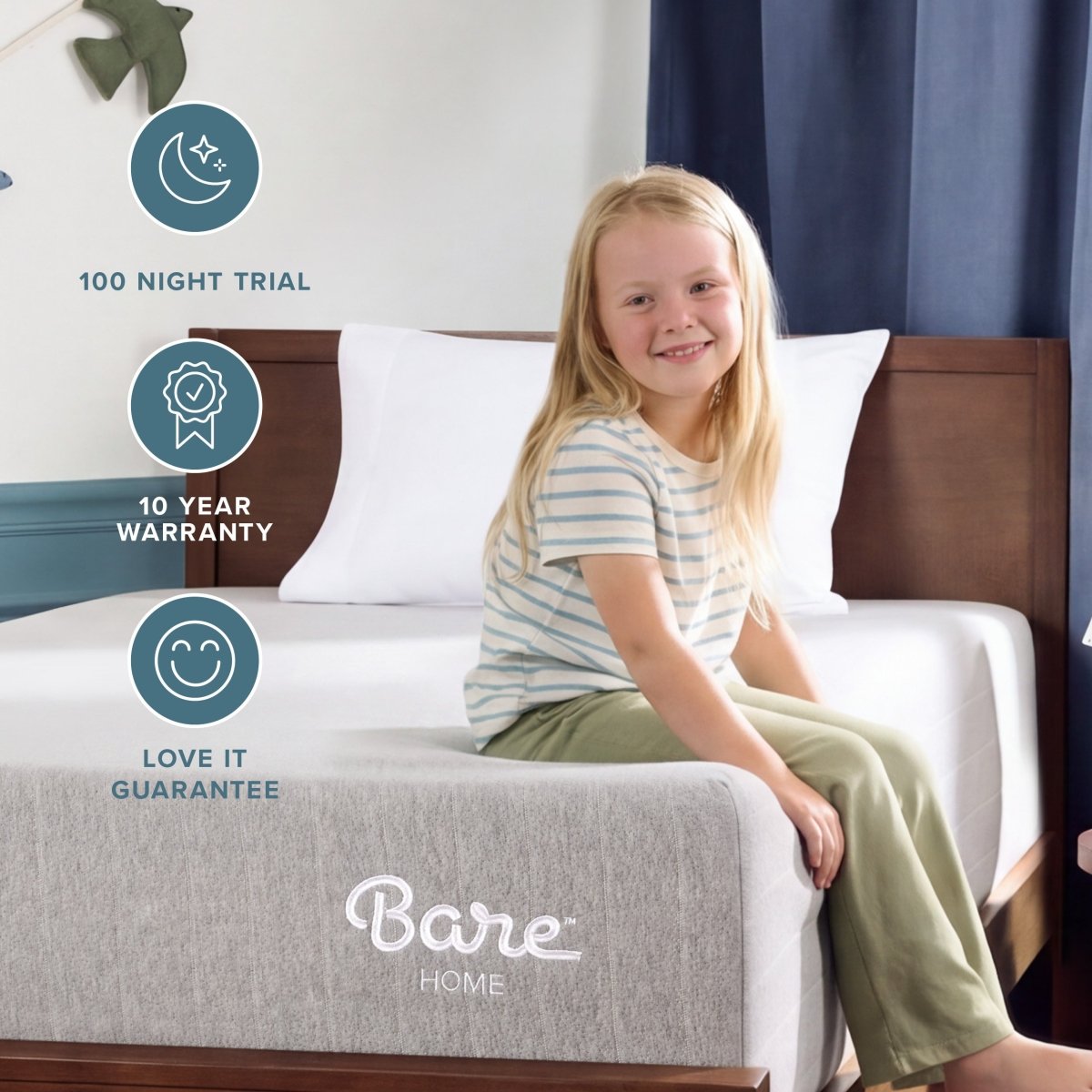 A girl sits on a Bare Home mattress, with three circular promotional icons on the left highlighting a 100-night trial, 10-year warranty, and love-it guarantee.