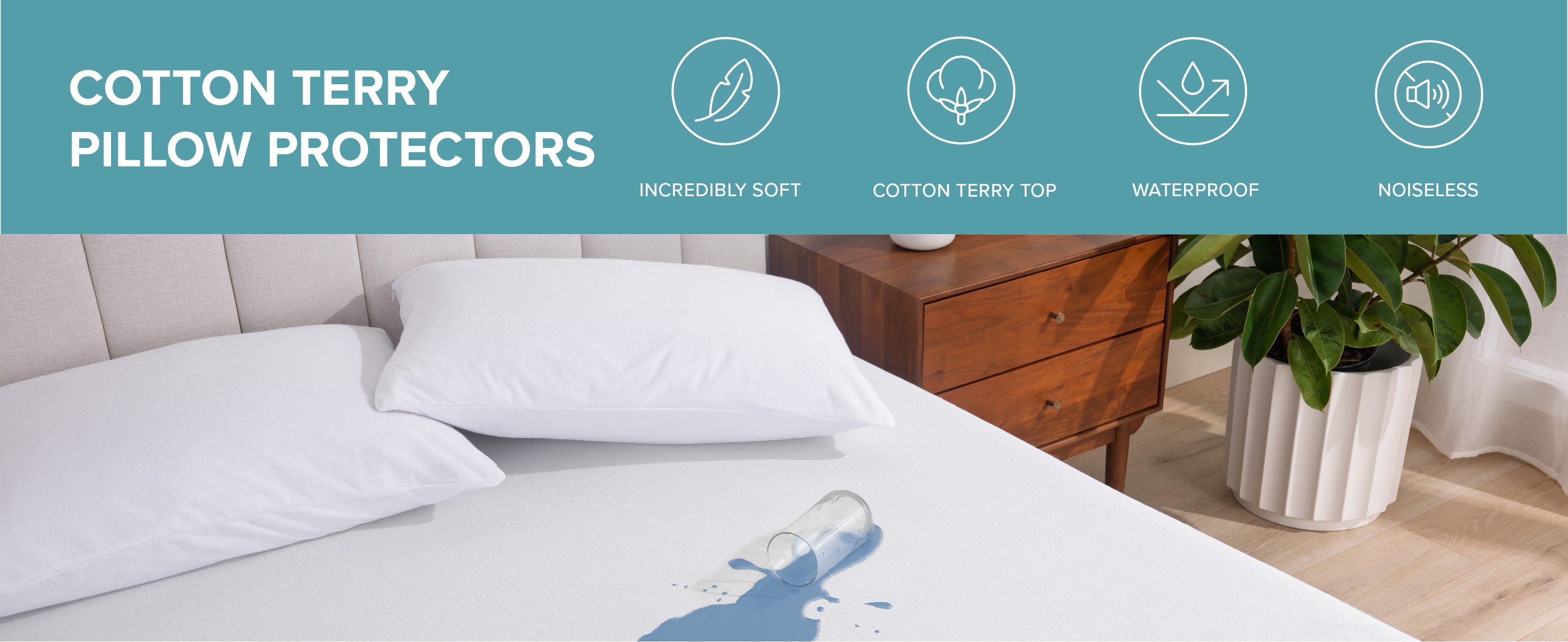cotton terry bed and pillow protectors with spilled beverage on bed 