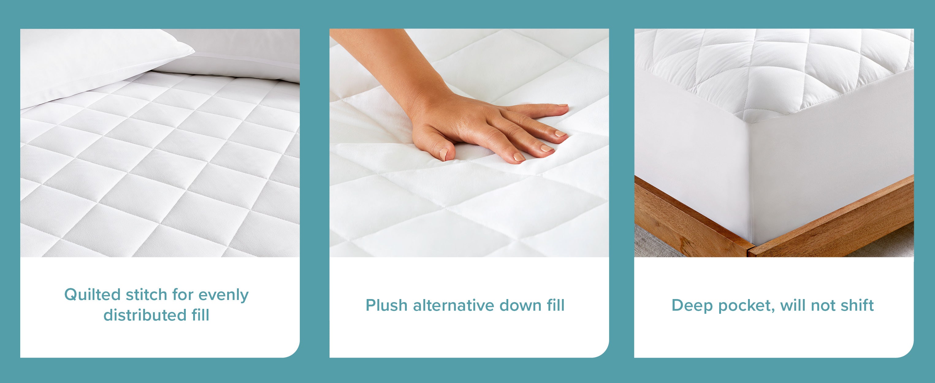 Hand pushing down on quilted mattress pad