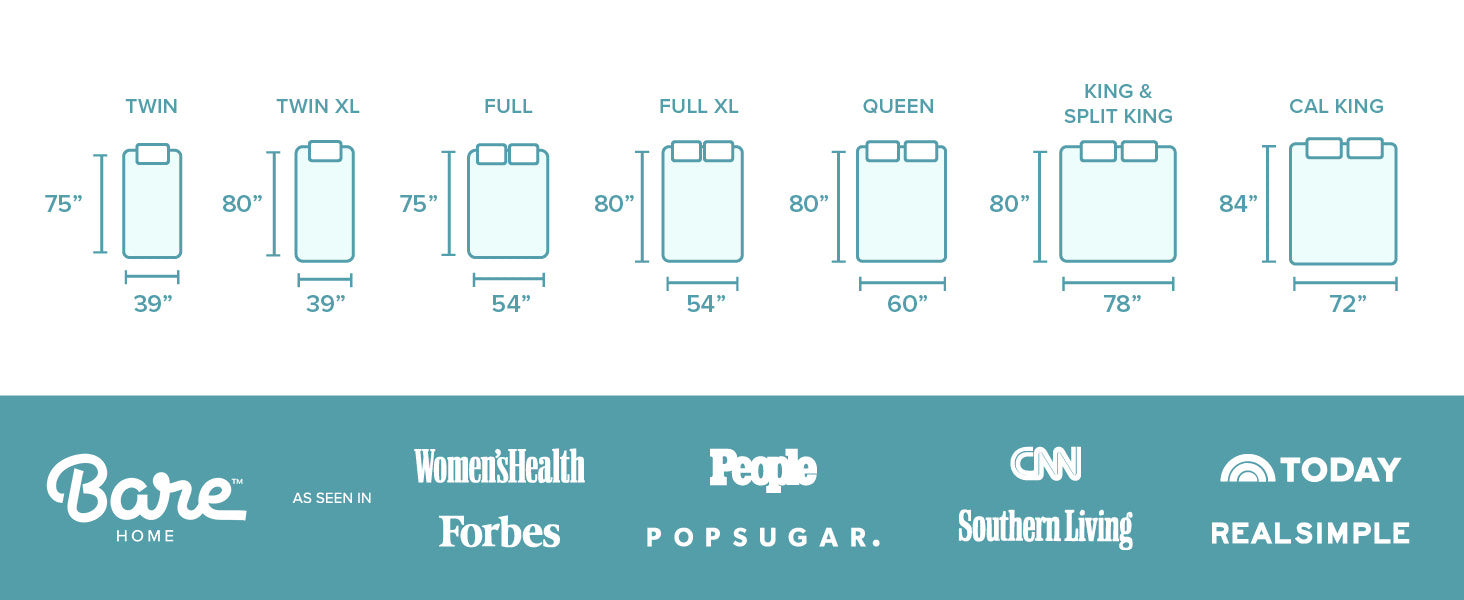Quilted Mattress Pad size chart showing the various sizes