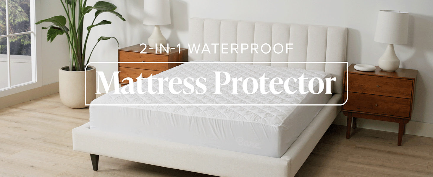 Waterproof Mattress Pad  shown in a clean room on a white cloth bedrame