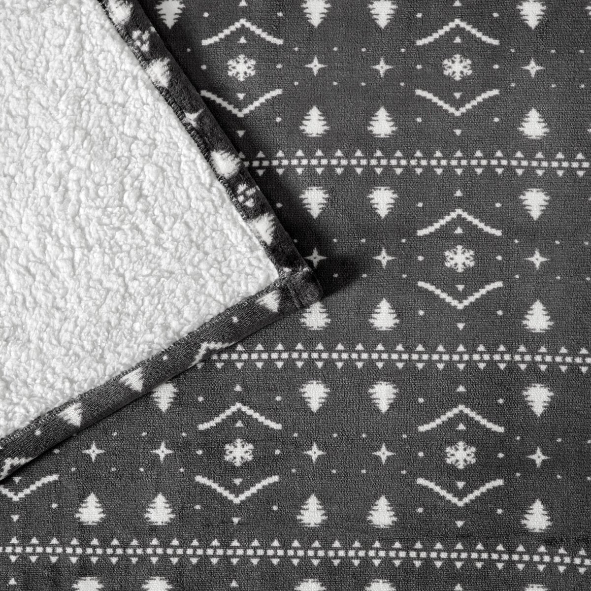 Close-up of both sides of a printed sherpa blanket