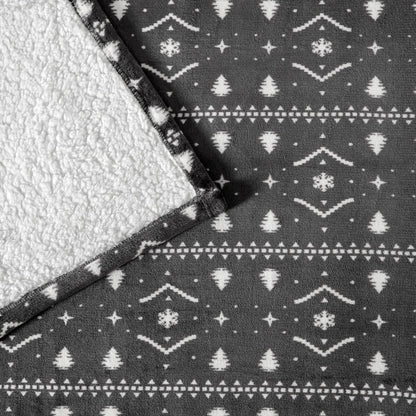 Close-up of both sides of a printed sherpa blanket