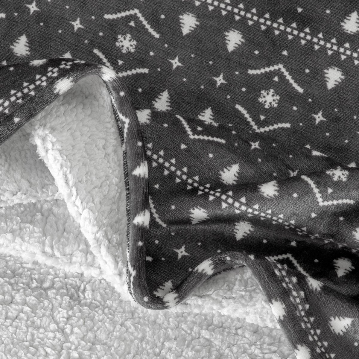 Close-up of both sides of a printed sherpa blanket