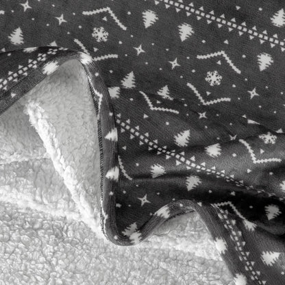 Close-up of both sides of a printed sherpa blanket