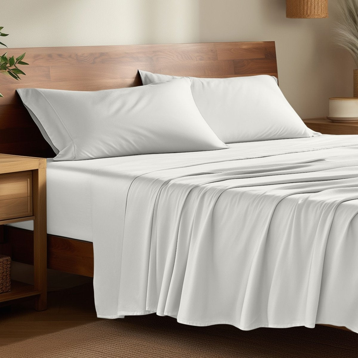 Bamboo bed sheets on a bed in a bedroom with night stands.