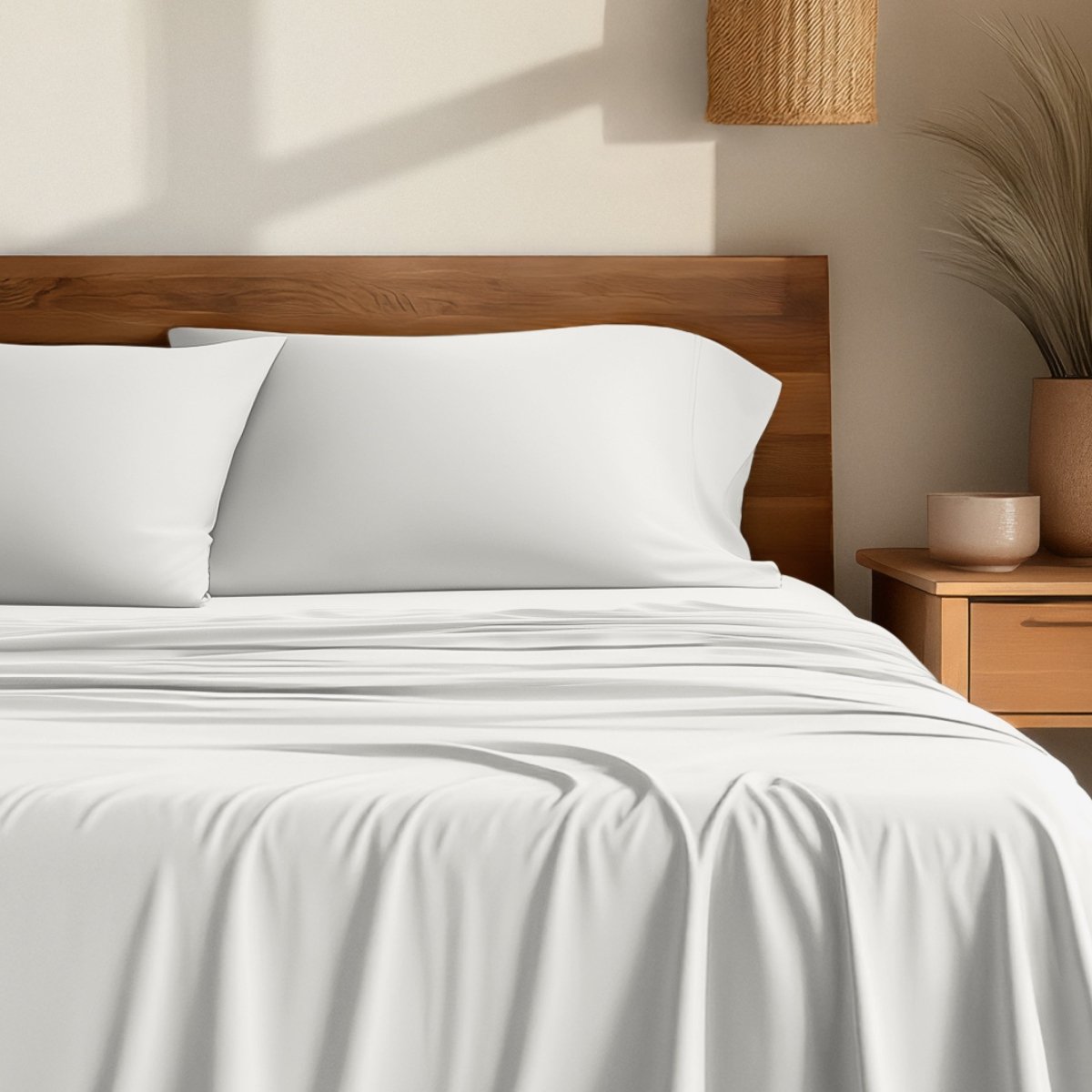 Bamboo sheets on a bed with a wooden headboard