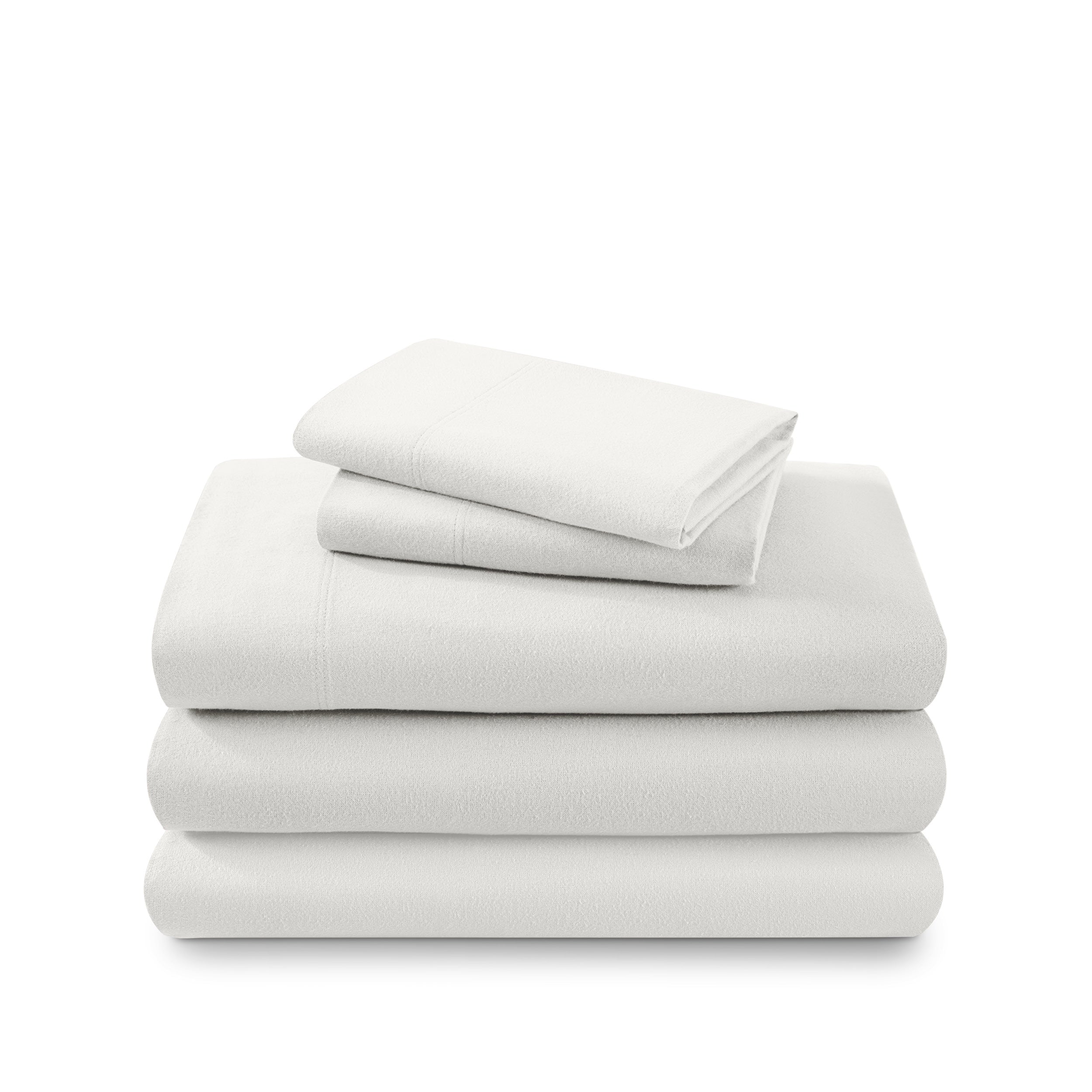 Cotton flannel sheet set folded and stacked on a white background