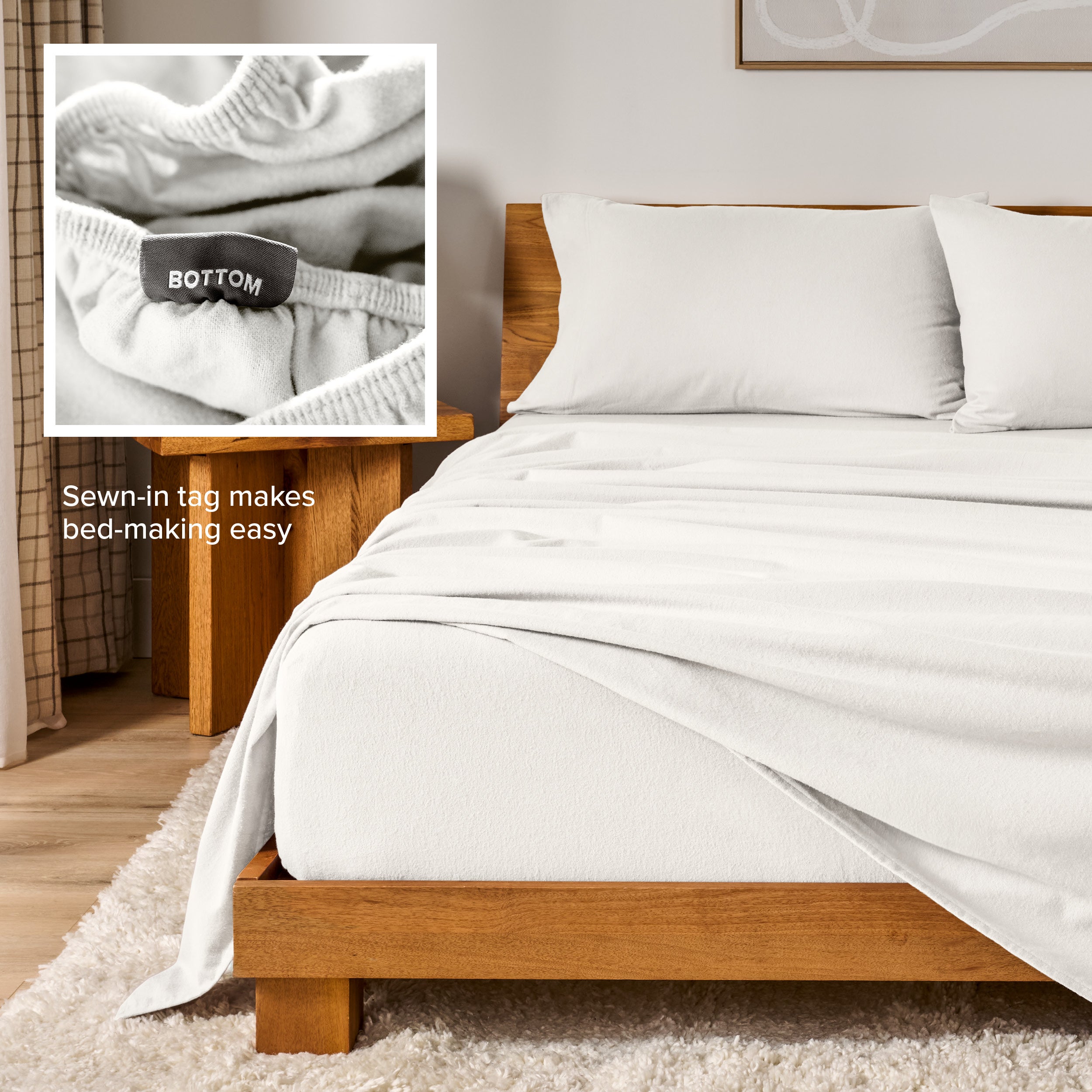 Flannel sheets on a with an inset of a sewn-in tag reading BOTTOM