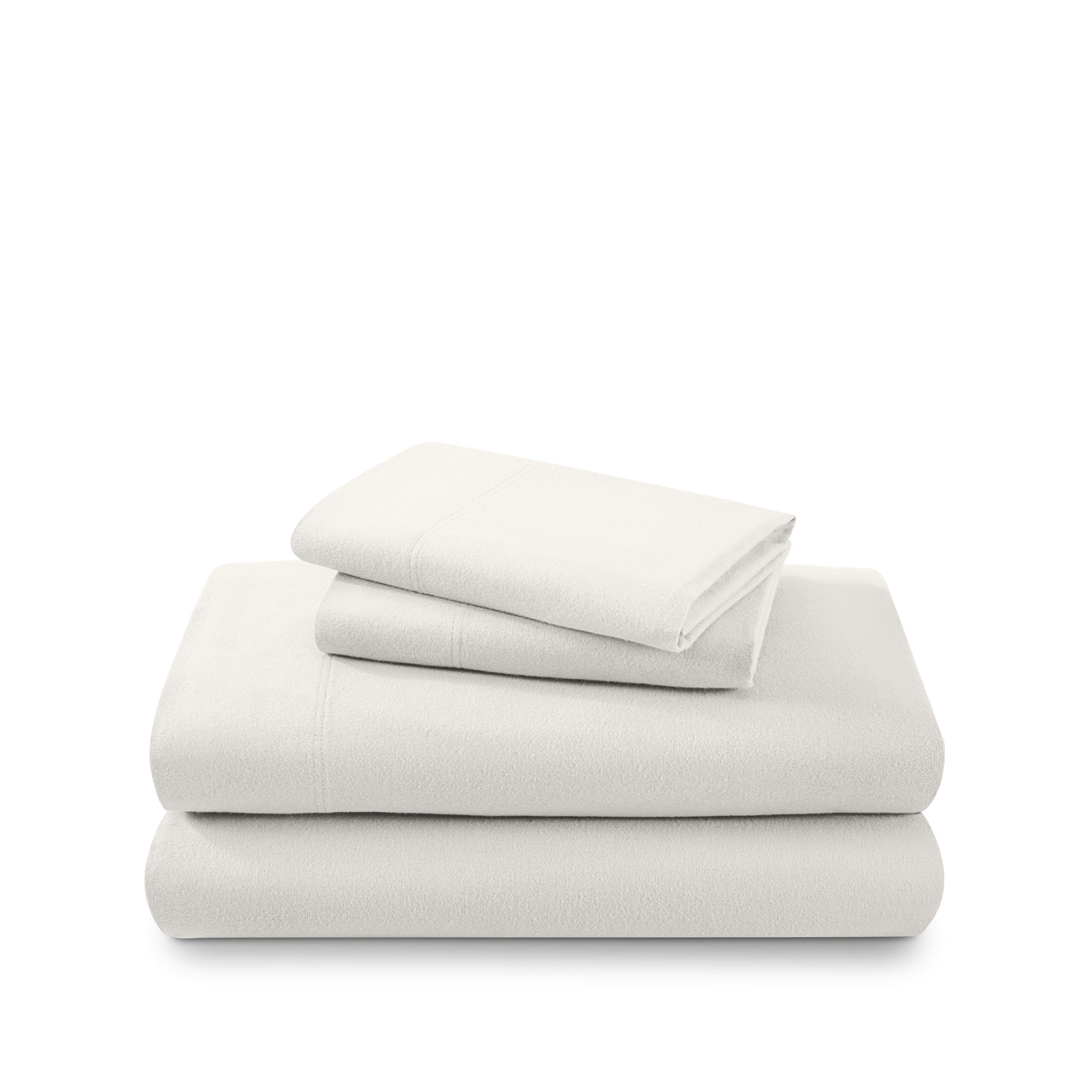 Cotton flannel sheet set folded and stacked on a white background
