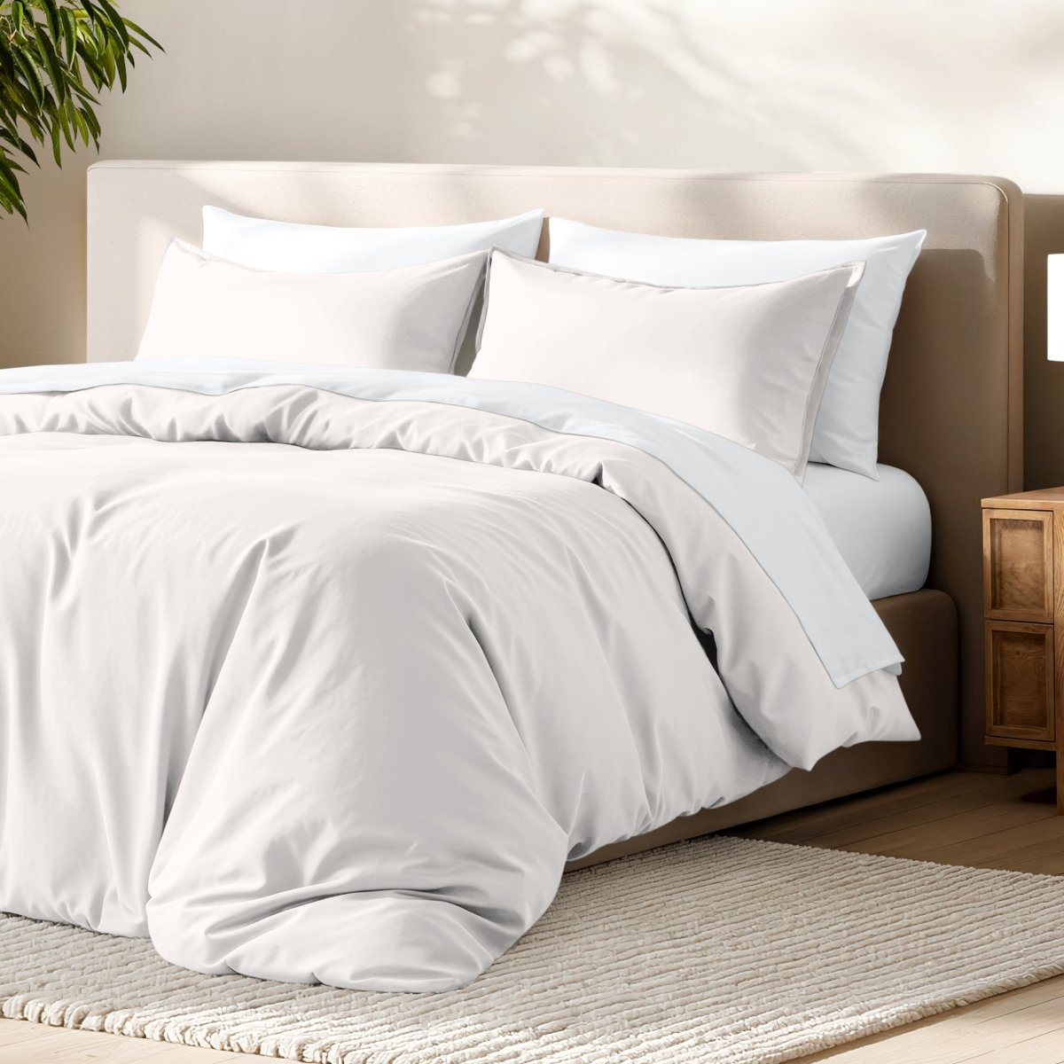 Bed with microfiber duvet cover and sham set in a bedroom setting.