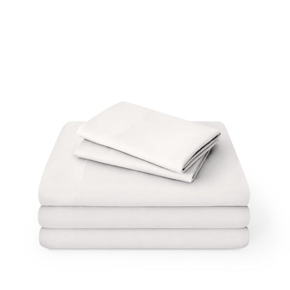 Microfiber sheet set folded and stacked on a white background