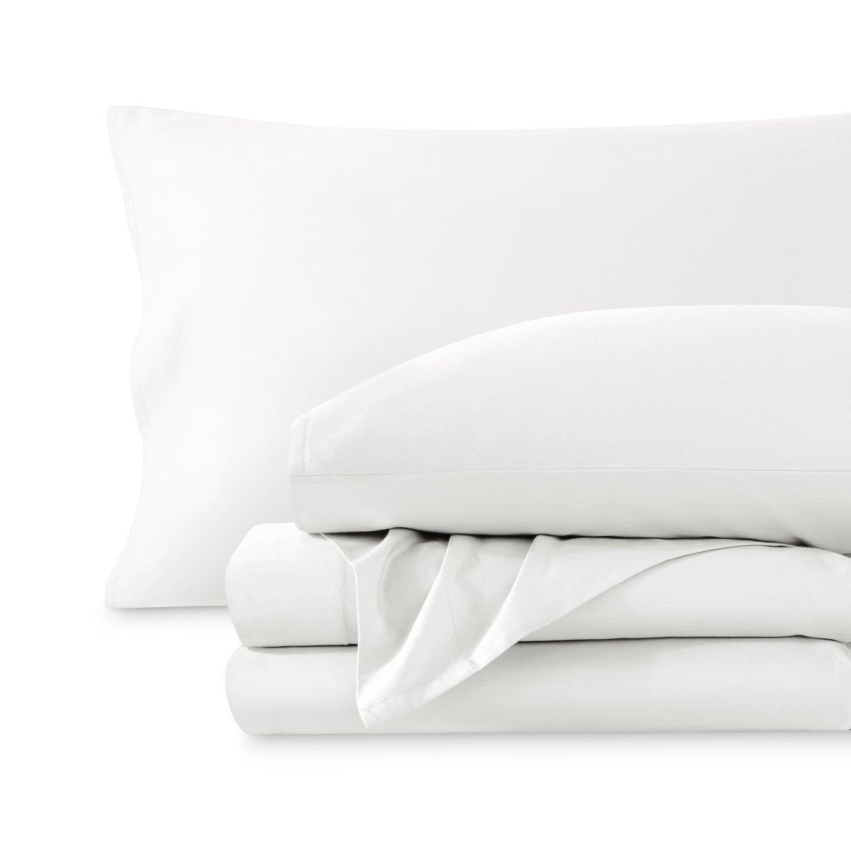 A sateen sheet set folded and stacked on a white background.