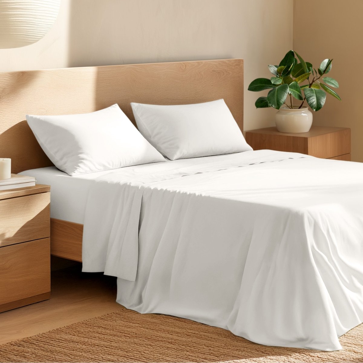 Bed with percale bedding and wooden headboard in a bedroom setting