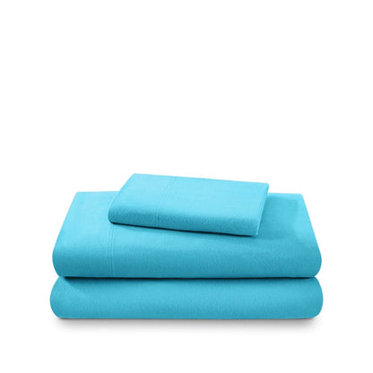 Cotton flannel sheet set folded and stacked on a white background