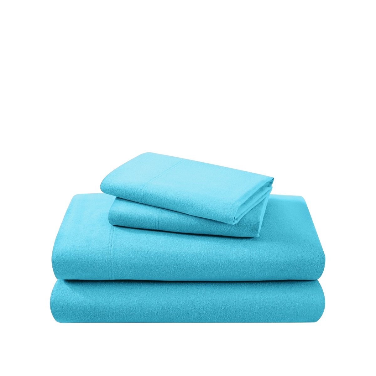 Cotton flannel sheet set folded and stacked on a white background
