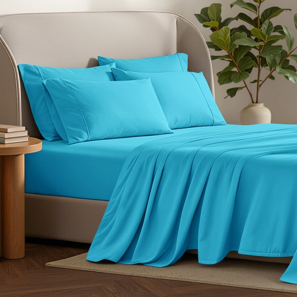 Bed sheets and pillows on a bed with a plant and side table in the background.