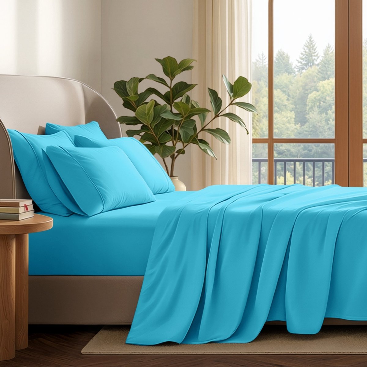 A neatly made bed with in a softly lit bedroom. A large green plant stands beside the bed, and a window with curtains is visible in the background.