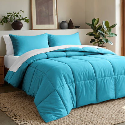 Comforter set on a bed in a bedroom with plants and decor.