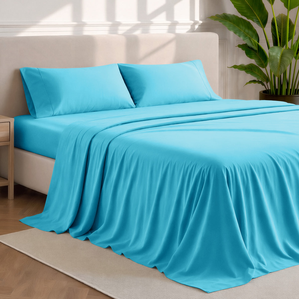 Microfiber sheets and pillowcases in a bedroom stetting